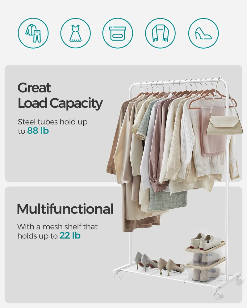 SONGMICS 110 lb Load Capacity Clothes Rack with Wheels Garment Rack with Storage Shelf Clothing Rack for Bedroom 2 Brakes Steel Frame White