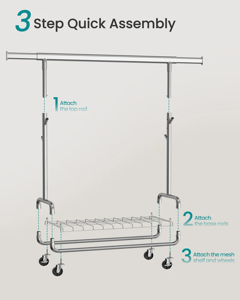 Heavy-Duty Rolling Garment Rack with Extendable Hanging Rod, 440 lb Capacity, Adjustable Height with Shelf and Hooks,Mobile Clothing Organizer, Silver