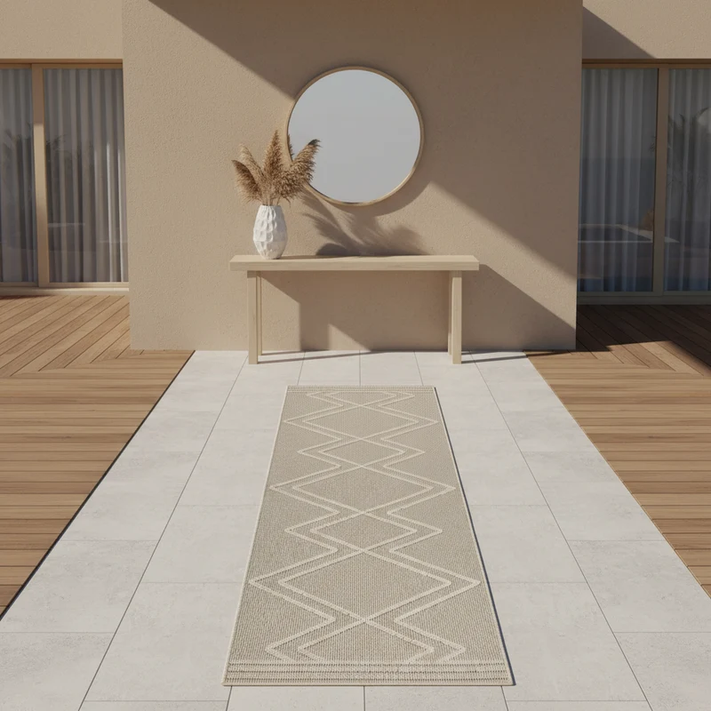 Outdoor-Teppich Diagonales Linienmuster – Waschbar | Geometrischer Boho für Balkon