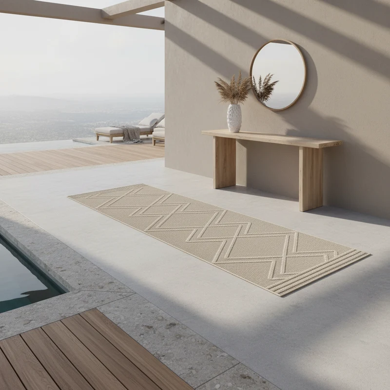 Outdoor-Teppich Diagonales Linienmuster – Waschbar | Geometrischer Boho für Balkon