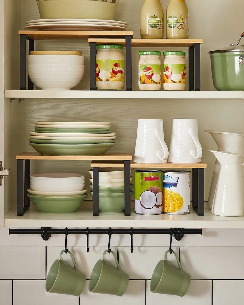 4 Pack Cabinet Organizer Shelf, Kitchen Counter Shelves, Kitchen Storage, Spice Rack, Stackable, Metal and Wood, Ink Black and Natural Beige