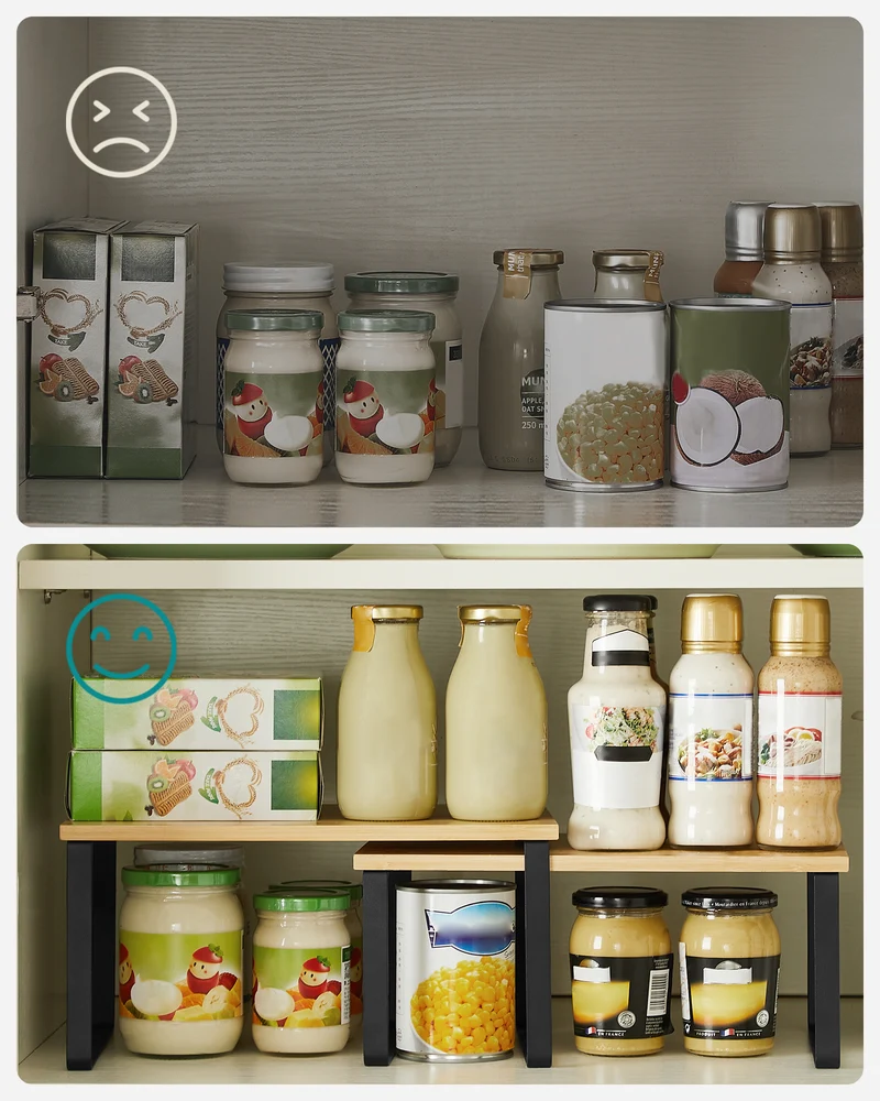 4 Pack Cabinet Organizer Shelf, Kitchen Counter Shelves, Kitchen Storage, Spice Rack, Stackable, Metal and Wood, Ink Black and Natural Beige