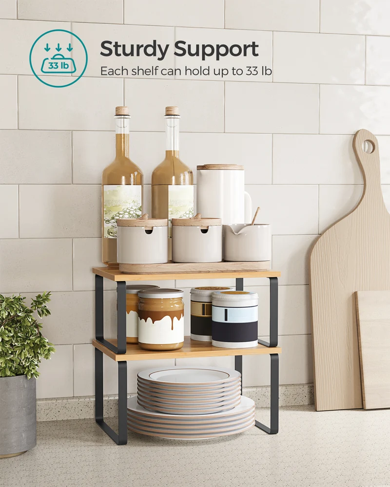 2 Pack Cabinet Organizer Shelf, Kitchen Counter Shelves, Kitchen Storage, Spice Rack, Stackable, Metal and Wood, Ink Black and Natural Beige