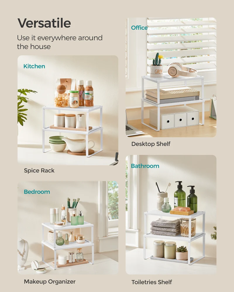 SONGMICS Cabinet Shelf Organizers, Countertop Organizer, Shelf Riser, Stackable, Expandable, Set of 2 Metal Kitchen Counter Shelves, White