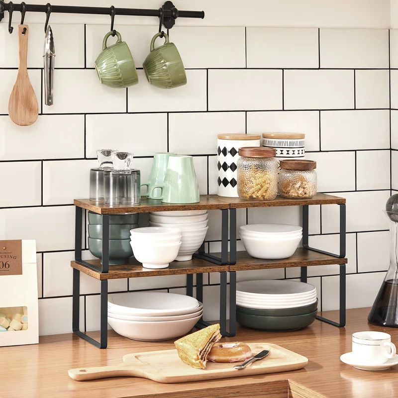 SONGMICS Cabinet Shelf Organizers, Set of 4 Kitchen Counter Shelves, Expandable Spice Racks, Metal and Engineered Wood, Rustic Brown and Black