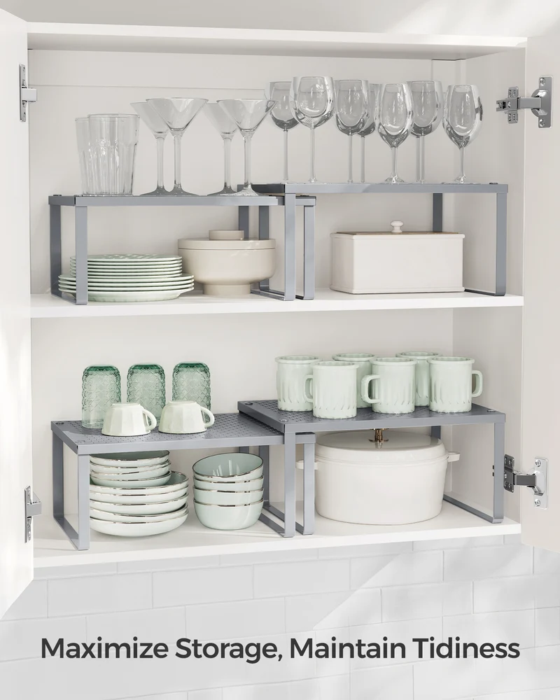 2 Pack Spice Rack, Cabinet Shelf Organizers, Shelf Organizer, Countertop Organizer, Shelf Riser, Stackable, Metal Kitchen Counter Shelves, Silver