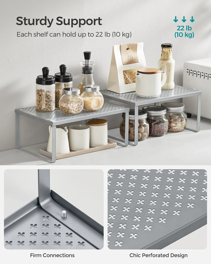 2 Pack Spice Rack, Cabinet Shelf Organizers, Shelf Organizer, Countertop Organizer, Shelf Riser, Stackable, Metal Kitchen Counter Shelves, Silver