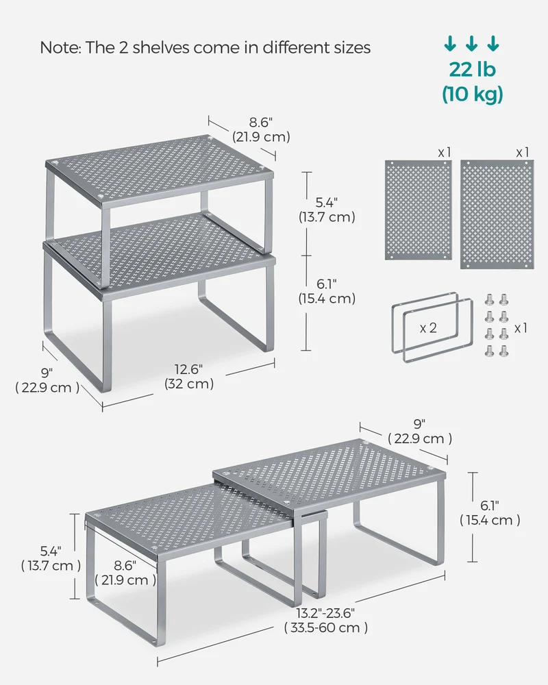 2 Pack Spice Rack, Cabinet Shelf Organizers, Shelf Organizer, Countertop Organizer, Shelf Riser, Stackable, Metal Kitchen Counter Shelves, Silver