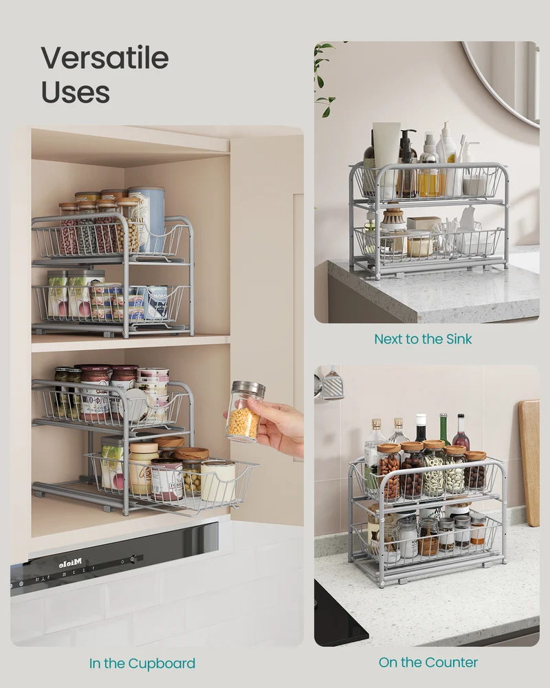 2-Tier Pull Out Cabinet Organizers, Under Sink Organizer, Bathroom Organizer and Storage, Sliding Basket Drawers, Stackable, Silver