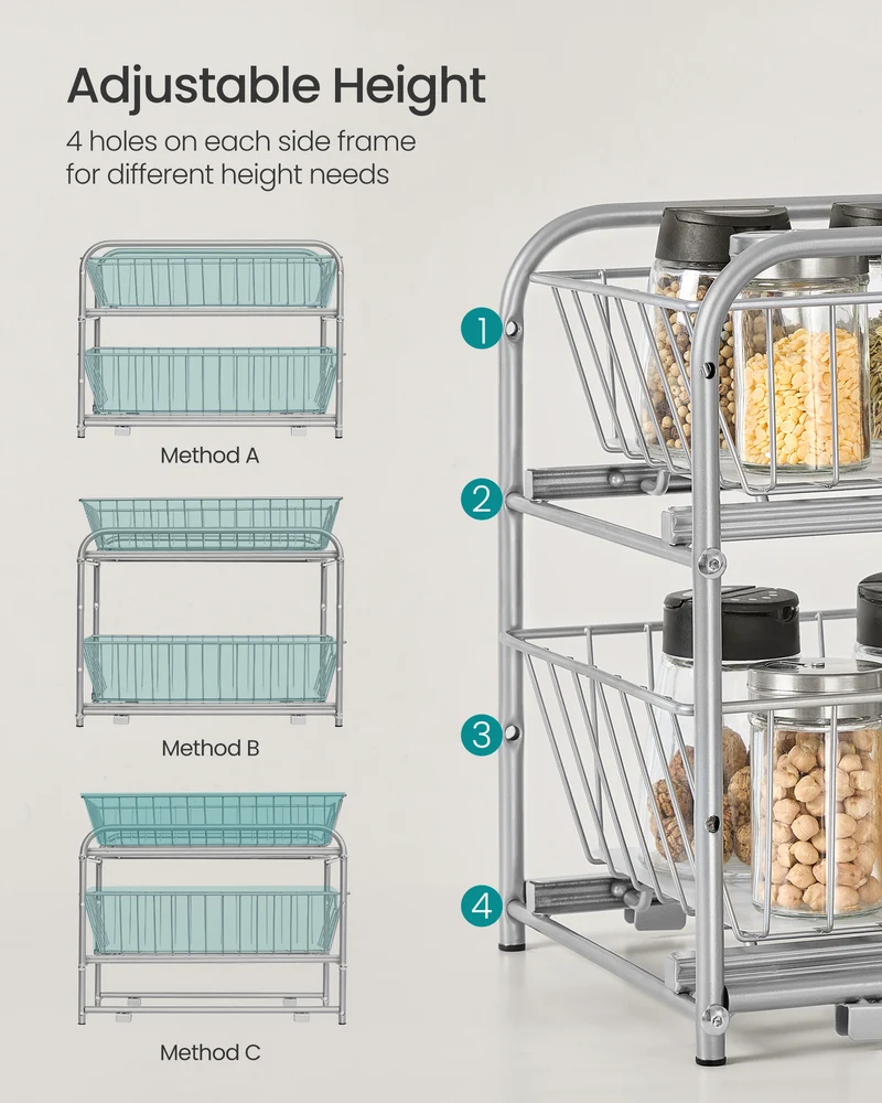 2-Tier Pull Out Cabinet Organizers, Under Sink Organizer, Bathroom Organizer and Storage, Sliding Basket Drawers, Stackable, Silver