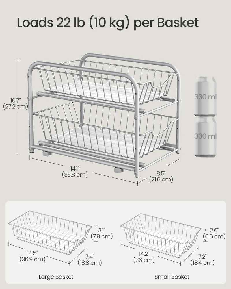 2-Tier Pull Out Cabinet Organizers, Under Sink Organizer, Bathroom Organizer and Storage, Sliding Basket Drawers, Stackable, Silver