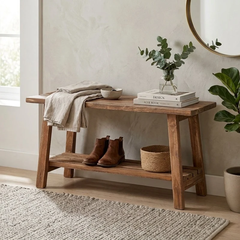 Massivholz Bank mit Ablage GENIUS 90cm Antik-Natural Schuhregal