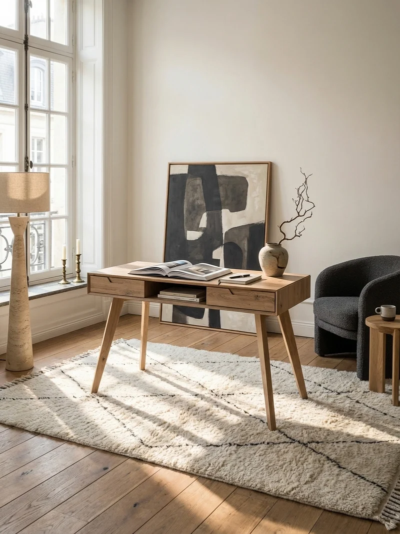 Schreibtisch – 120x55x77 cm, Skandinavischer Stil, 2 Schubladen, Eichenbeine