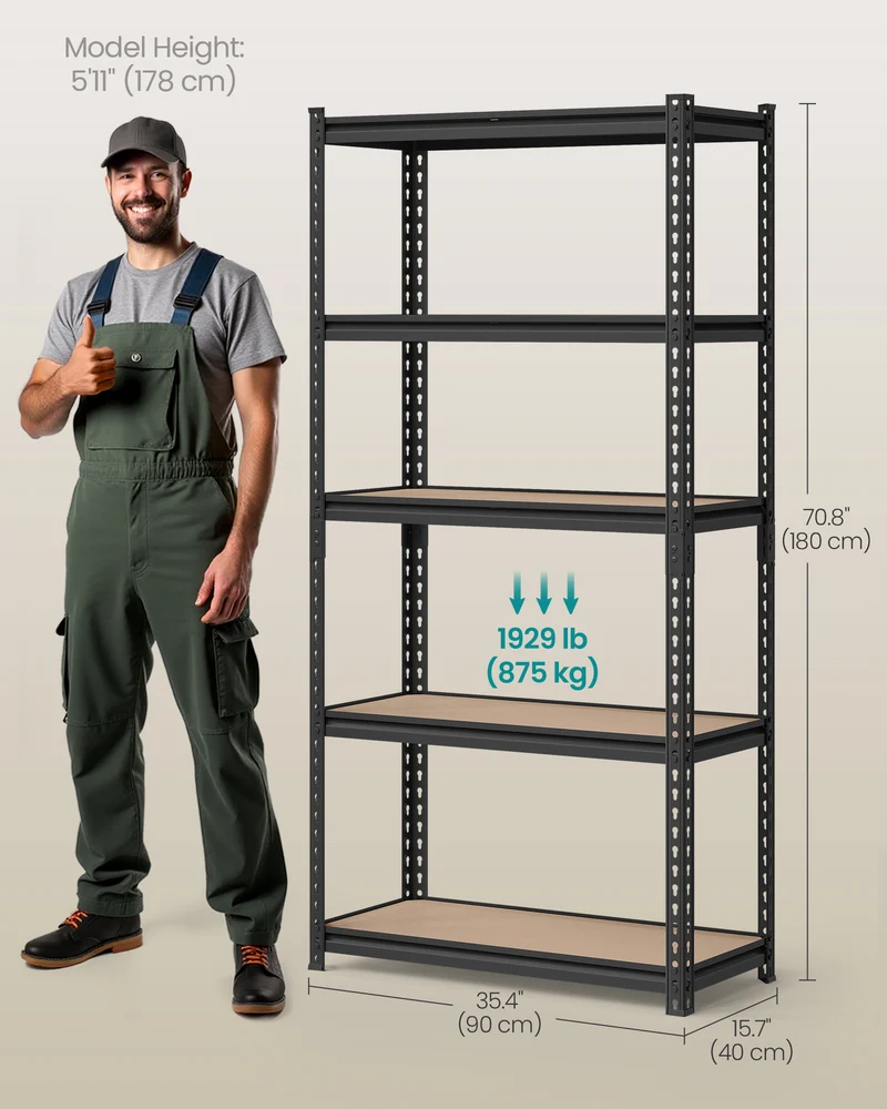5-Tier Storage Shelves, Garage Storage, Boltless Assembly, Adjustable Shelving Unit, Load 1929 lb, , Black