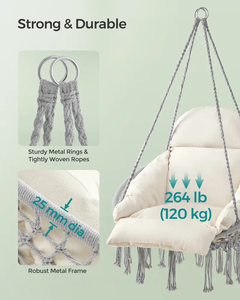 SONGMICS Hanging Chair, Hammock Chair with Large, Thick Cushion, Boho Swing Chair Gray and Cloud White