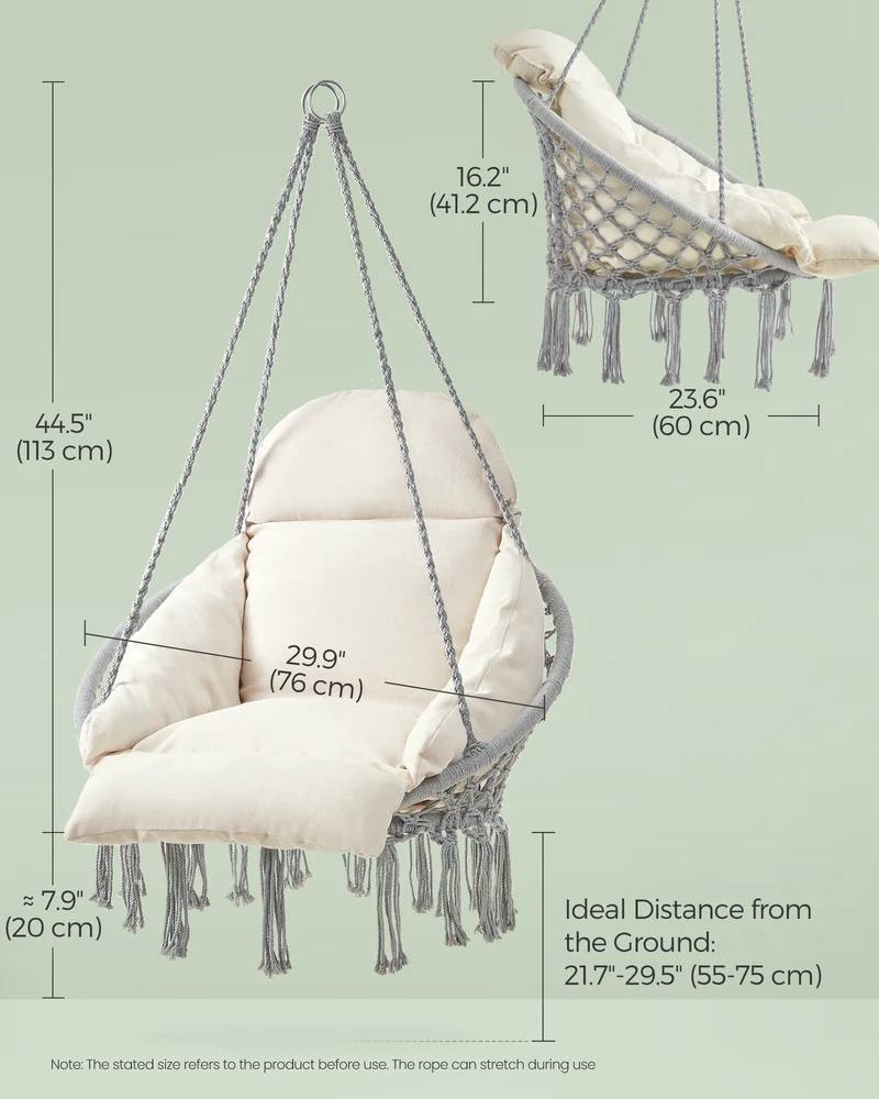 SONGMICS Hanging Chair, Hammock Chair with Large, Thick Cushion, Boho Swing Chair Gray and Cloud White