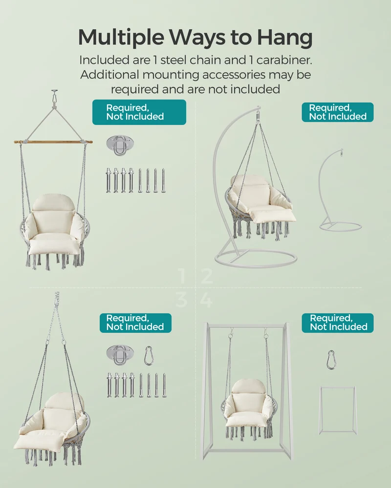 SONGMICS Hanging Chair, Hammock Chair with Large, Thick Cushion, Boho Swing Chair Gray and Cloud White