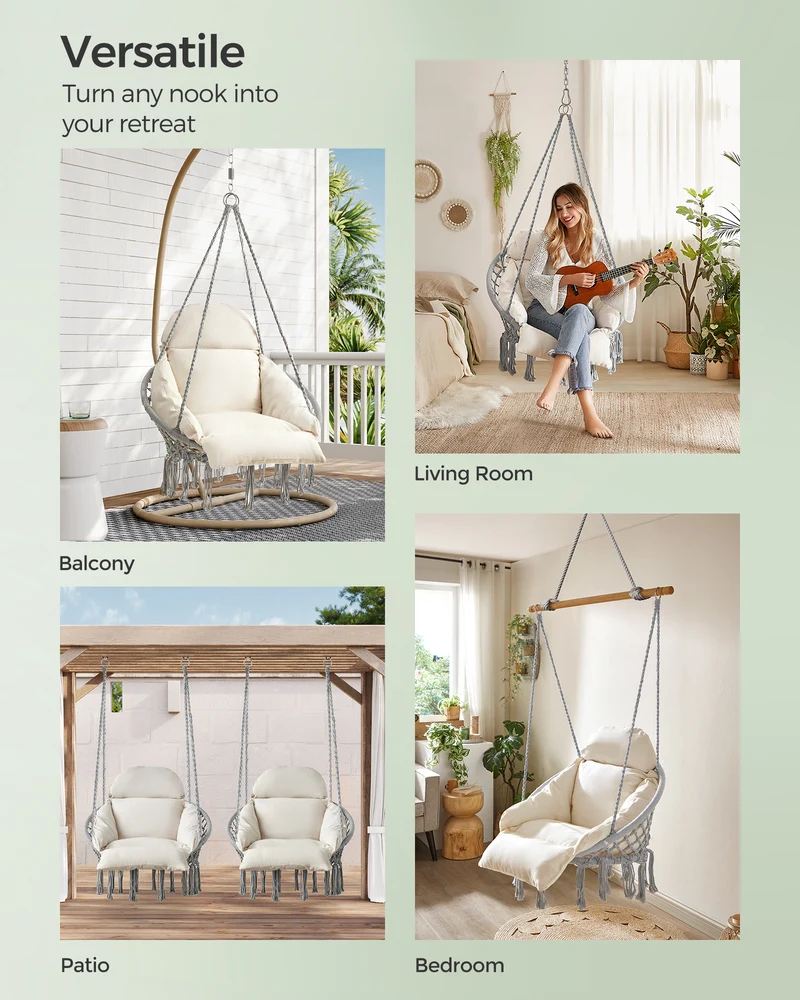 SONGMICS Hanging Chair, Hammock Chair with Large, Thick Cushion, Boho Swing Chair Gray and Cloud White