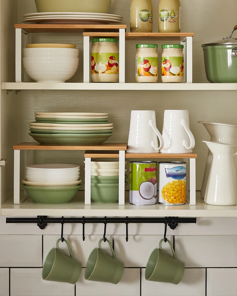SONGMICS Cabinet Shelf Organizers, Set of 4 Kitchen Counter Shelves, Stackable, Expandable Spice Racks, Metal and Engineered Wood, White and Natural
