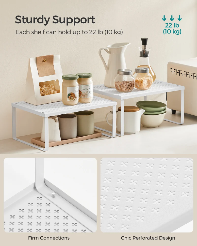 SONGMICS Spice Rack, Cabinet Shelf Organizers, Shelf Organizer, Countertop Organizer, Shelf Riser, Stackable, Expandable, Set of 4, White