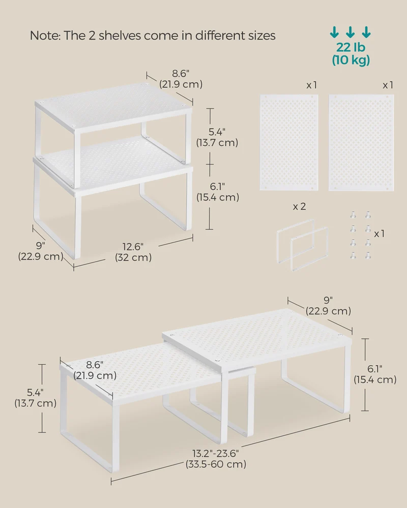 SONGMICS Spice Rack, Cabinet Shelf Organizers, Shelf Organizer, Countertop Organizer, Shelf Riser, Stackable, Expandable, Set of 4, White