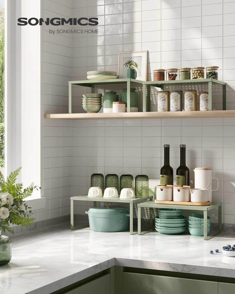 SONGMICS Spice Rack, Cabinet Shelf Organizers, Shelf Organizer, Countertop Organizer, Set of 2 Metal Kitchen Counter Shelves, Laurel Green