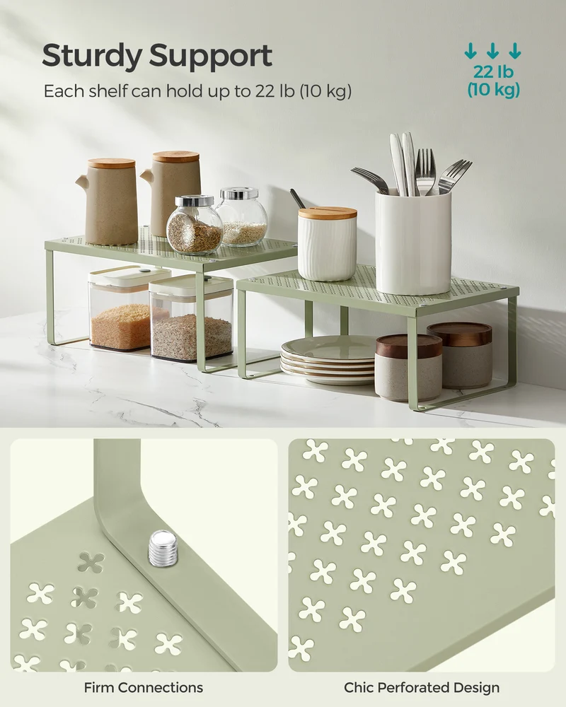 SONGMICS Spice Rack, Cabinet Shelf Organizers, Shelf Organizer, Countertop Organizer, Set of 2 Metal Kitchen Counter Shelves, Laurel Green