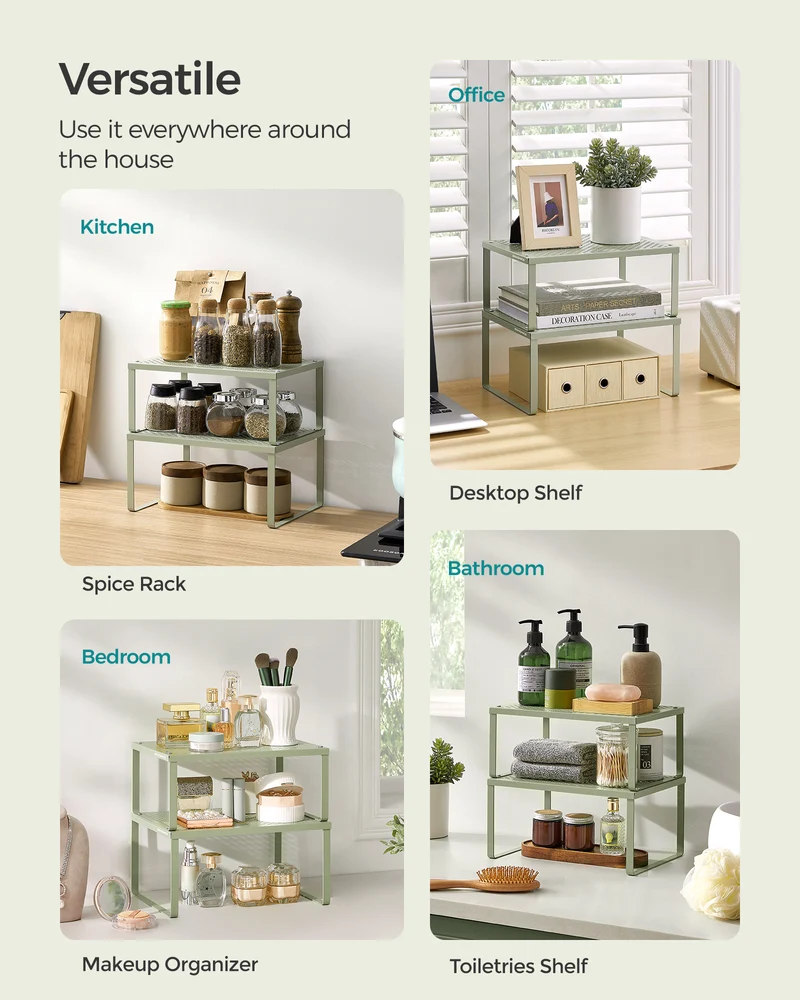SONGMICS Spice Rack, Cabinet Shelf Organizers, Shelf Organizer, Countertop Organizer, Set of 2 Metal Kitchen Counter Shelves, Laurel Green