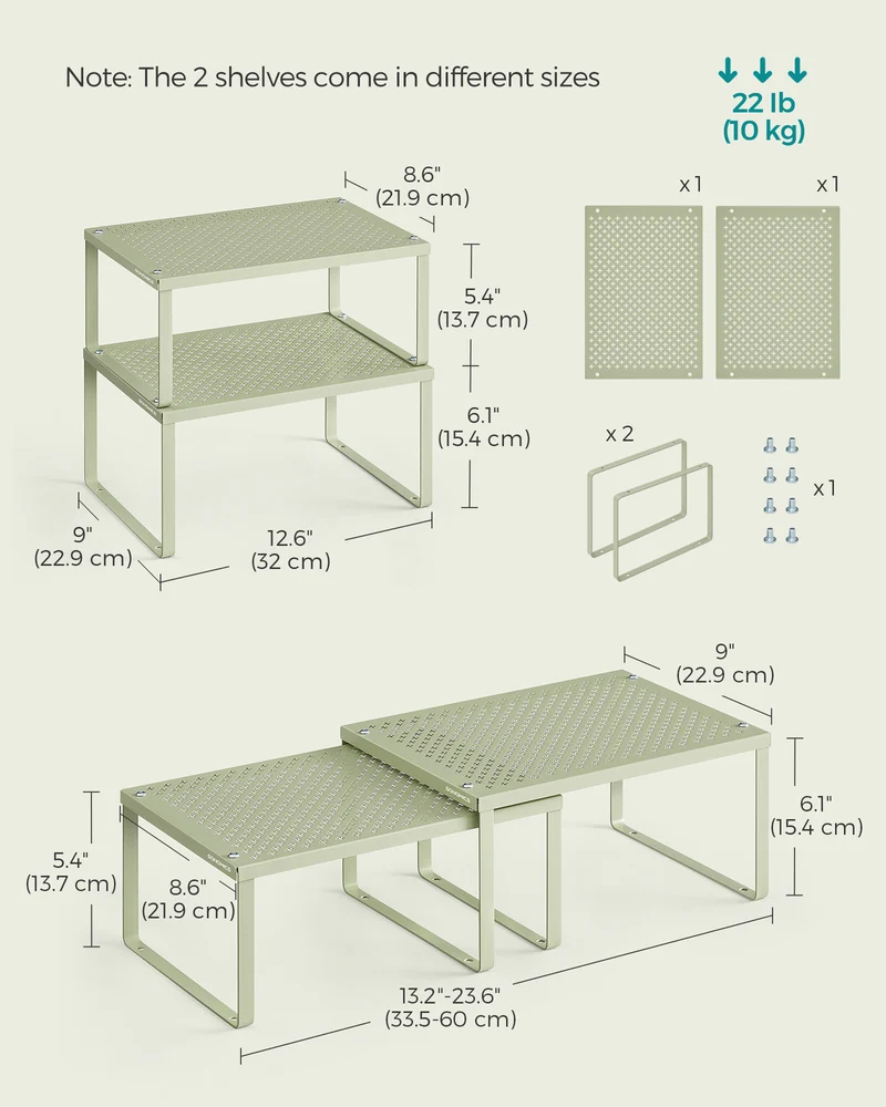 SONGMICS Spice Rack, Cabinet Shelf Organizers, Shelf Organizer, Countertop Organizer, Set of 2 Metal Kitchen Counter Shelves, Laurel Green
