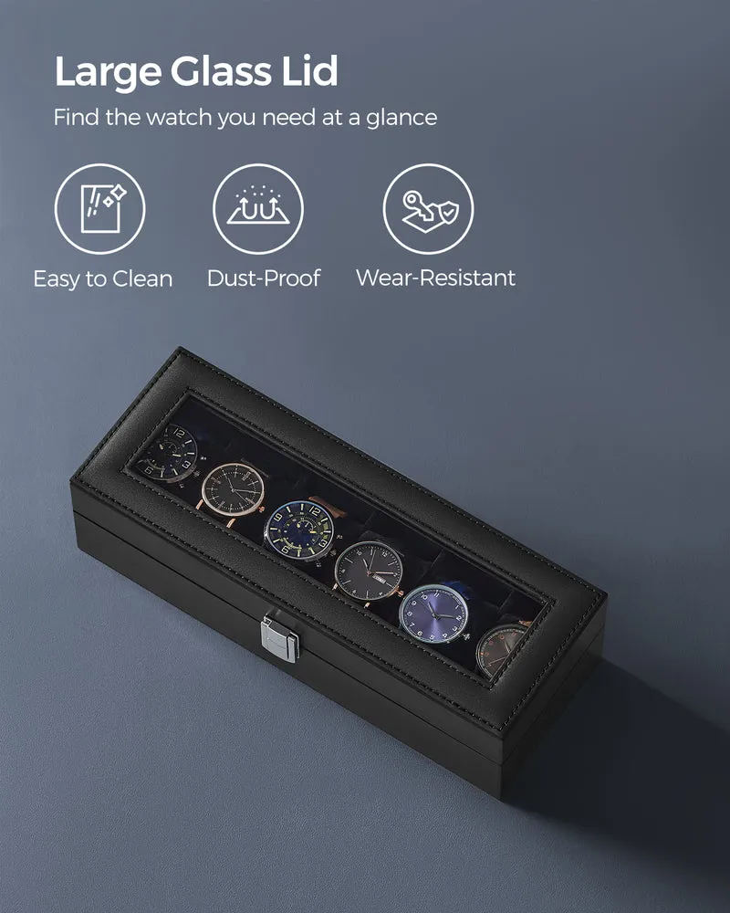 Sleek 6-Slot Watch Box, Large Glass Lid, Removable Pillows, Watch Organizer - Gift for Loved Ones, Black Synthetic Leather