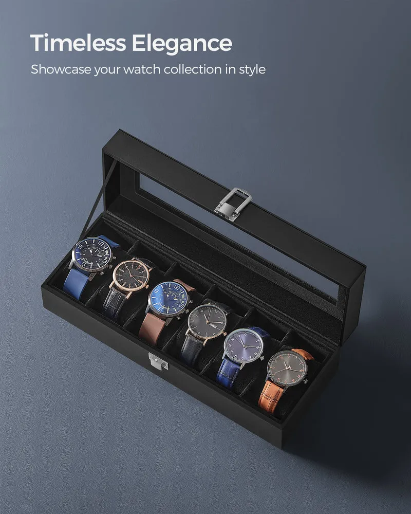 Sleek 6-Slot Watch Box, Large Glass Lid, Removable Pillows, Watch Organizer - Gift for Loved Ones, Black Synthetic Leather