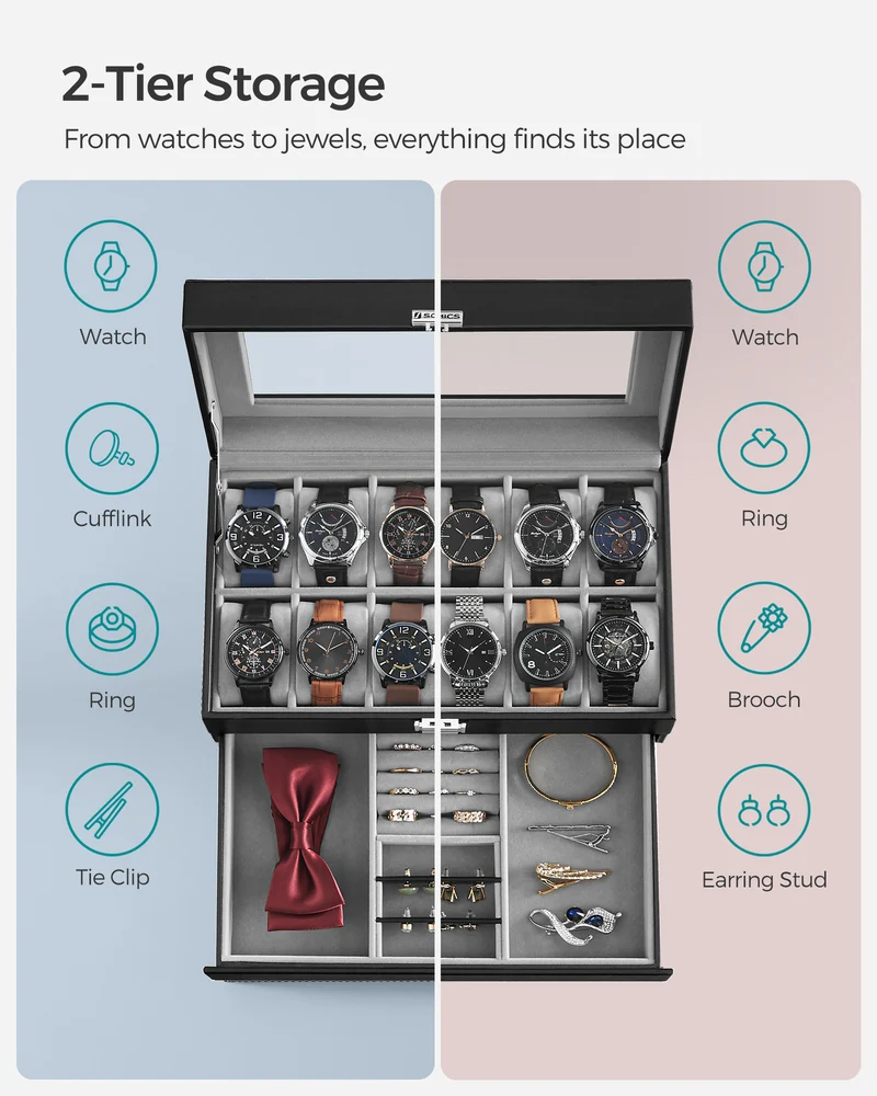 Elegant 12-Slot Watch Box, Lockable Case with Glass Lid, 2 Layers, 1 Drawer for Rings, Bracelets - Gift Idea in Black Synthetic Leather