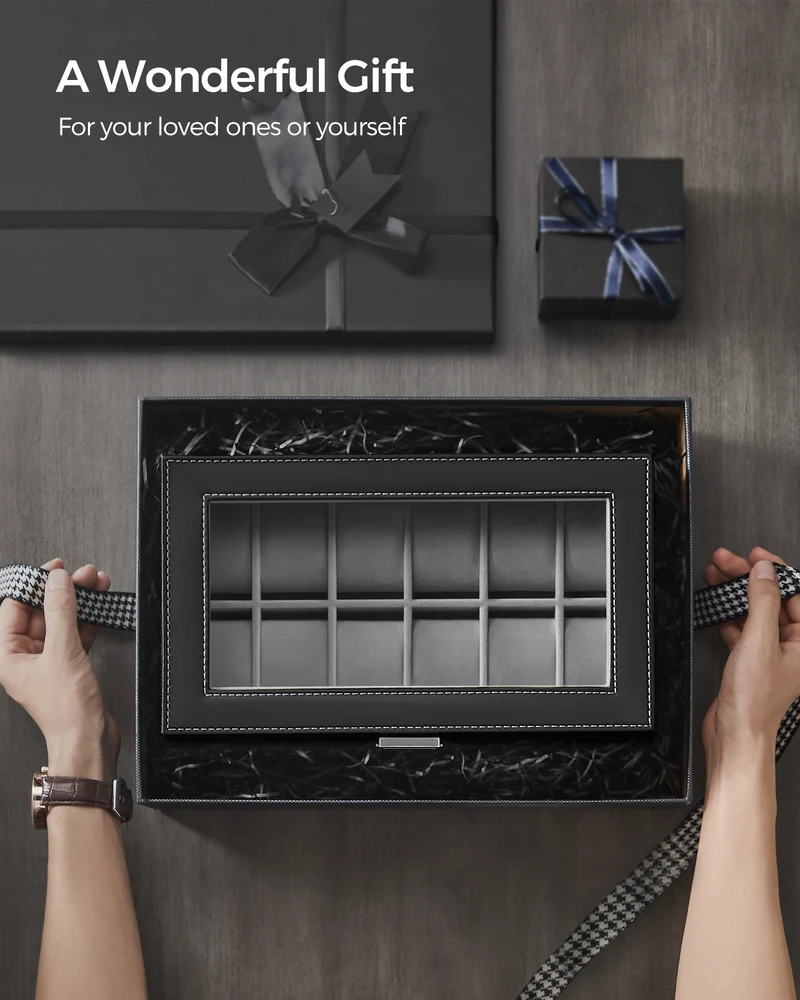 Elegant 12-Slot Watch Box, Lockable Case with Glass Lid, 2 Layers, 1 Drawer for Rings, Bracelets - Gift Idea in Black Synthetic Leather
