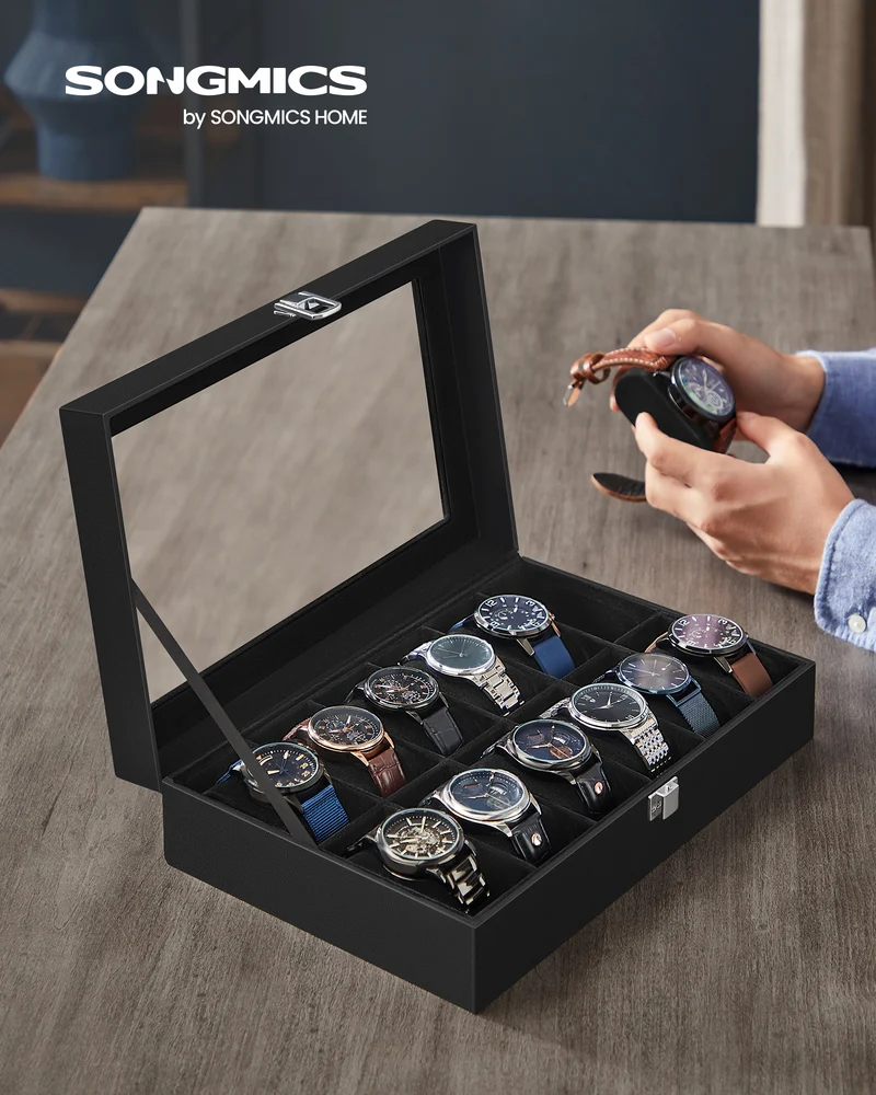 Premium 12-Slot Watch Box, Large Glass Lid, Removable Pillows, Black Synthetic Leather Organizer with Black Lining - Ideal Gift for Watch Enthusiasts