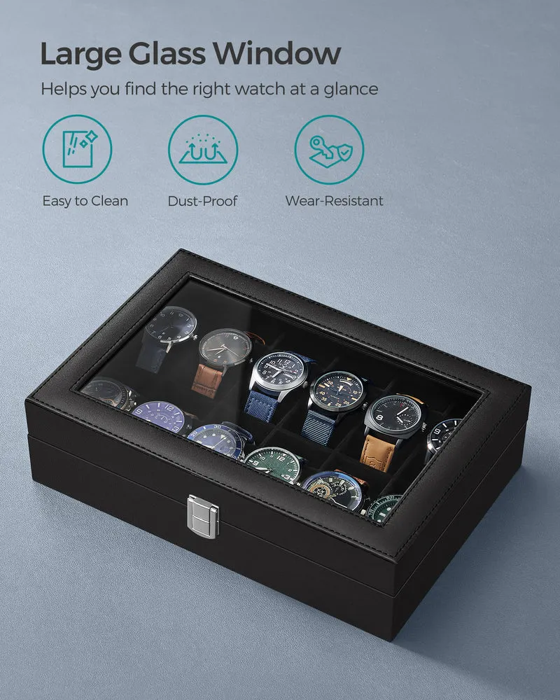 Premium 12-Slot Watch Box, Large Glass Lid, Removable Pillows, Black Synthetic Leather Organizer with Black Lining - Ideal Gift for Watch Enthusiasts
