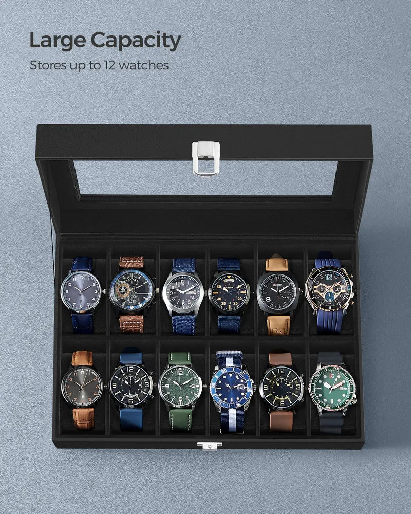 Premium 12-Slot Watch Box, Large Glass Lid, Removable Pillows, Black Synthetic Leather Organizer with Black Lining - Ideal Gift for Watch Enthusiasts