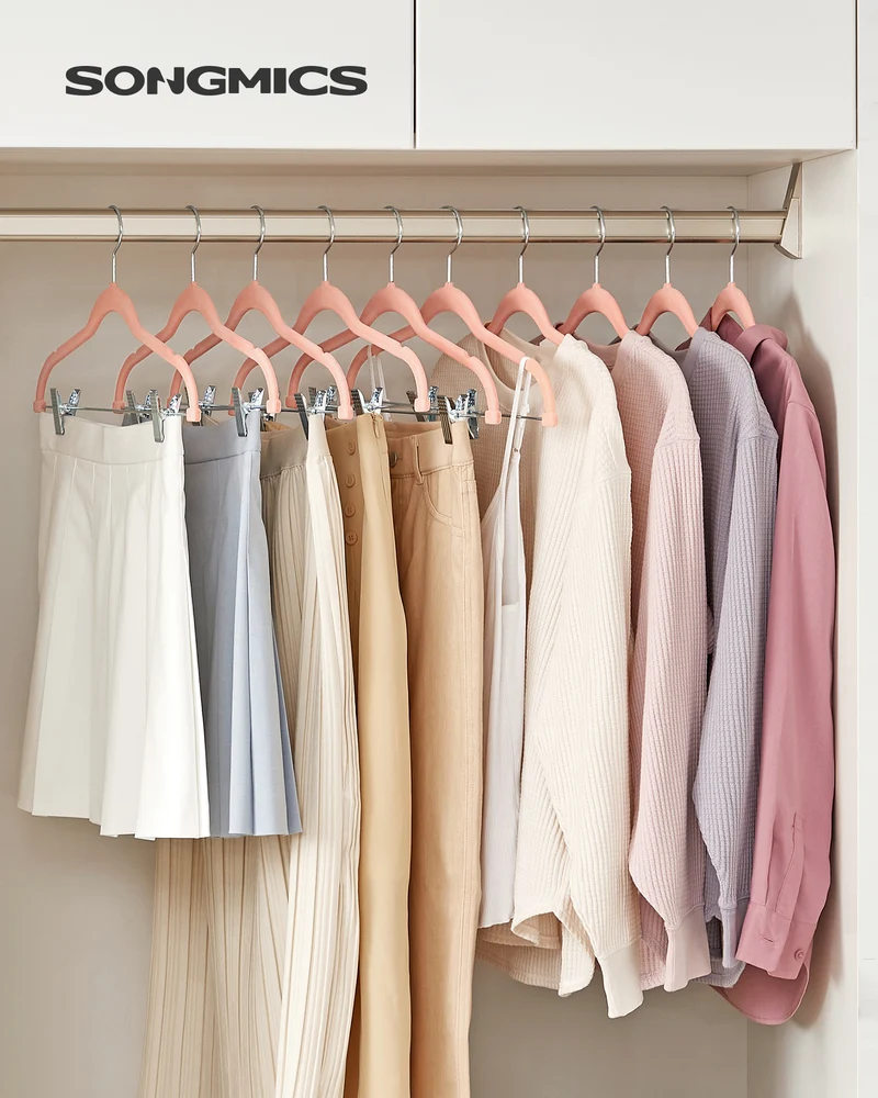 SONGMICS 30 Pack Skirt Pants Hangers Velvet Clips Hangers with Adjustable Clips Non-Slip Pink