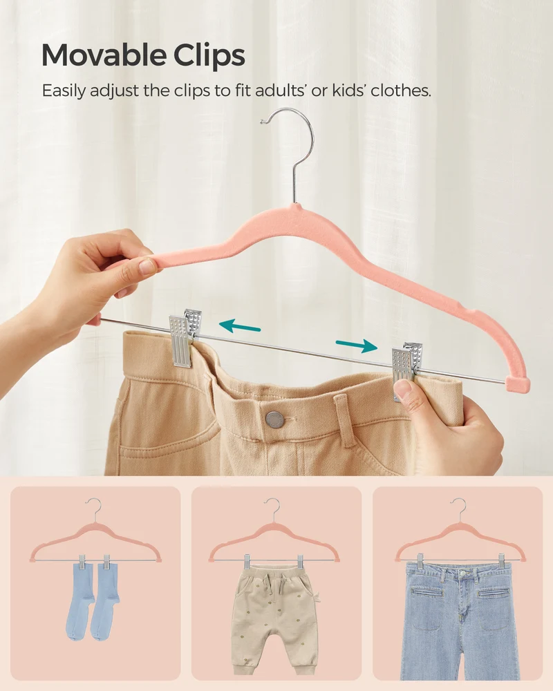 SONGMICS 30 Pack Skirt Pants Hangers Velvet Clips Hangers with Adjustable Clips Non-Slip Pink