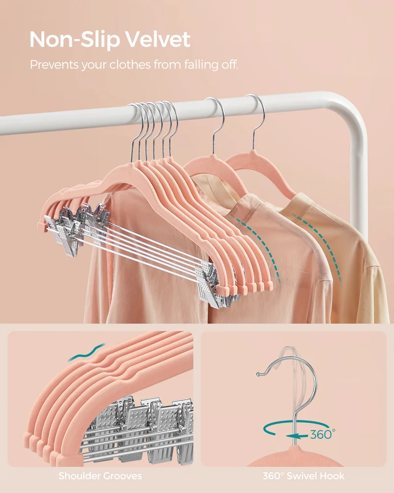SONGMICS 30 Pack Skirt Pants Hangers Velvet Clips Hangers with Adjustable Clips Non-Slip Pink