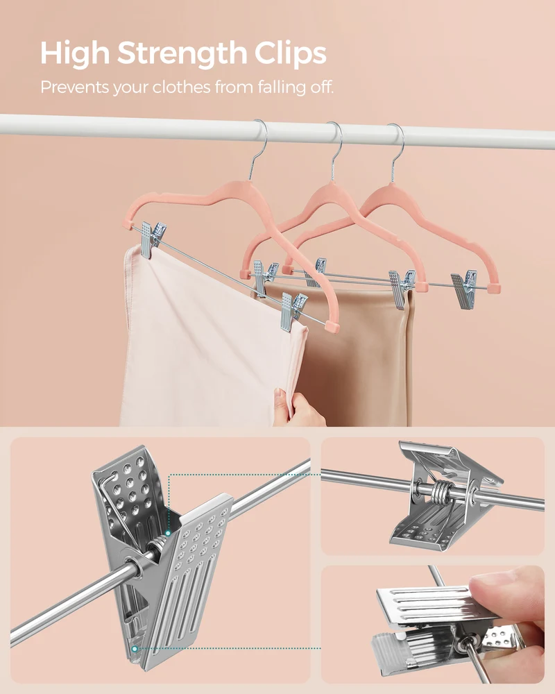 SONGMICS 30 Pack Skirt Pants Hangers Velvet Clips Hangers with Adjustable Clips Non-Slip Pink