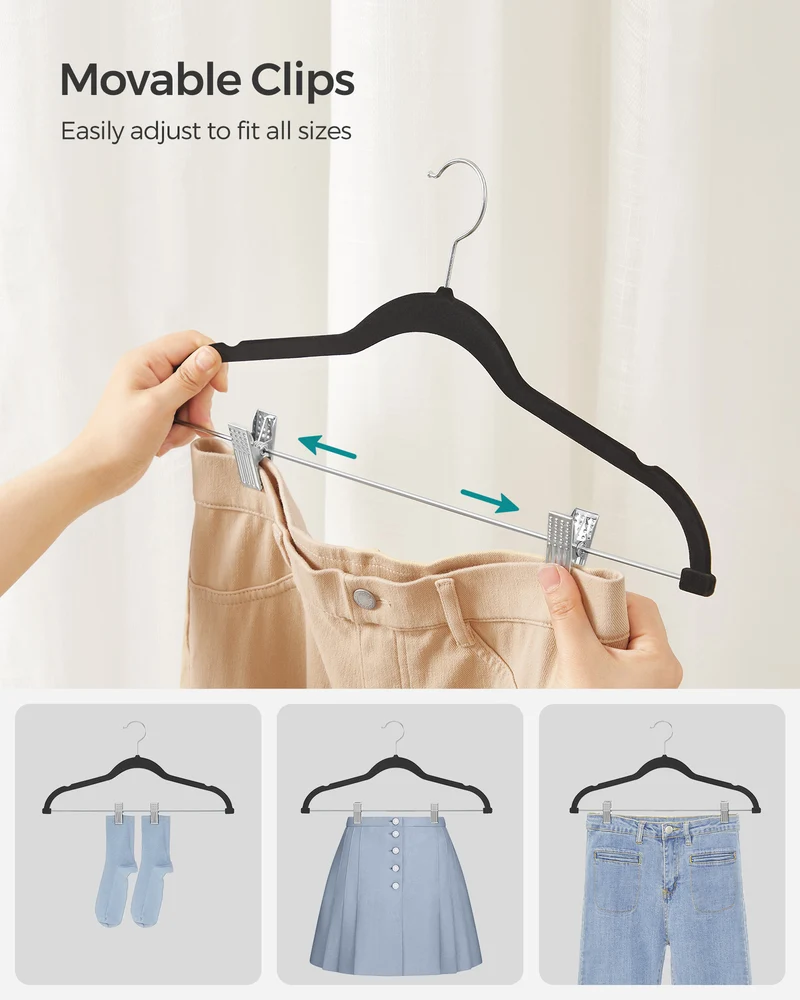 30 Pack Skirt Pants Hangers Velvet Clips Hangers with Adjustable Clips Non-Slip Black