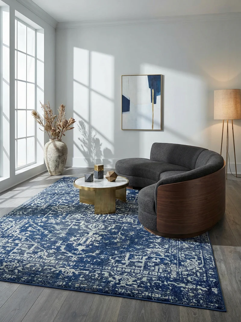 Teppich Kunstfaser kurzflor vintage orientalisch Silbergrau/Dunkelblau