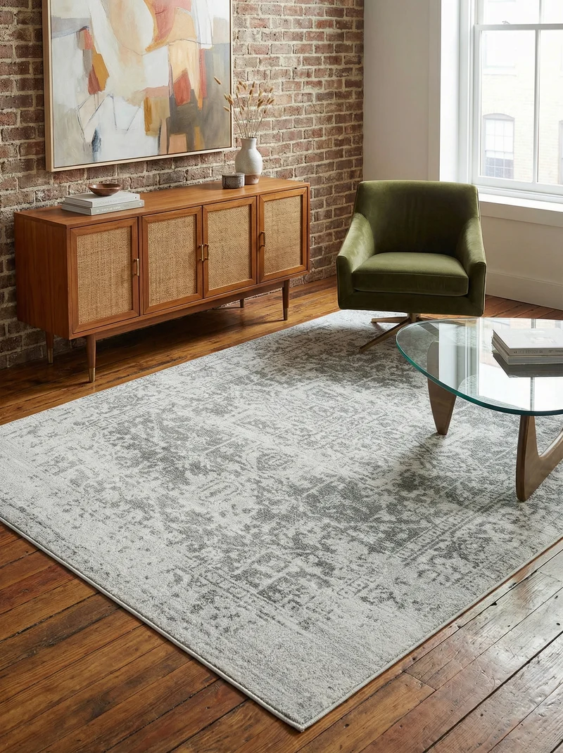 Teppich Kunstfaser kurzflor vintage orientalisch Silbergrau/Dunkelblau