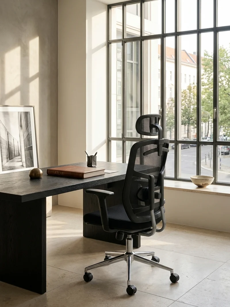 Bürodrehstuhl Schwarz Mesh mit Synchronmechanik, 3D-Armlehnen und Aluminiumfuß