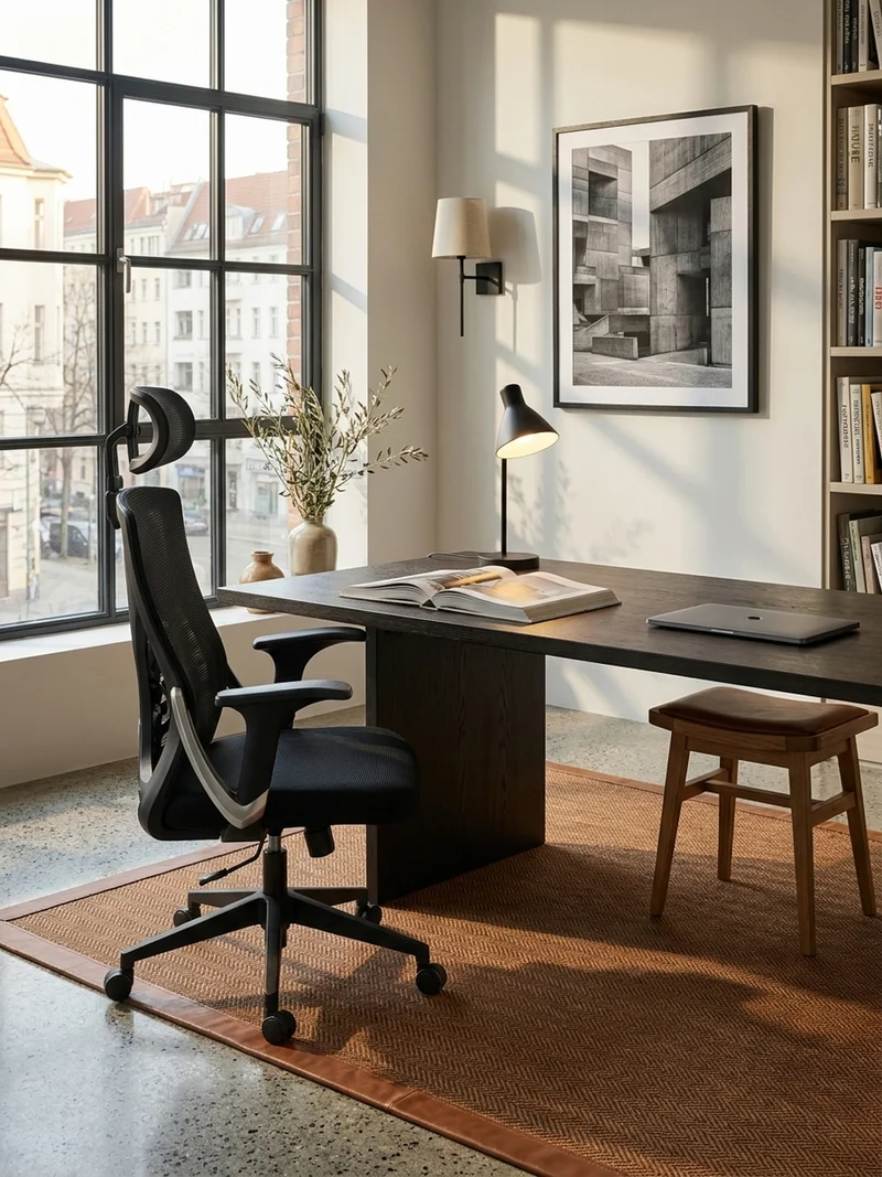 Bürodrehstuhl Schwarz Mesh mit Wippmechanik, Kopfstütze und 4-fach Lordosenstütze