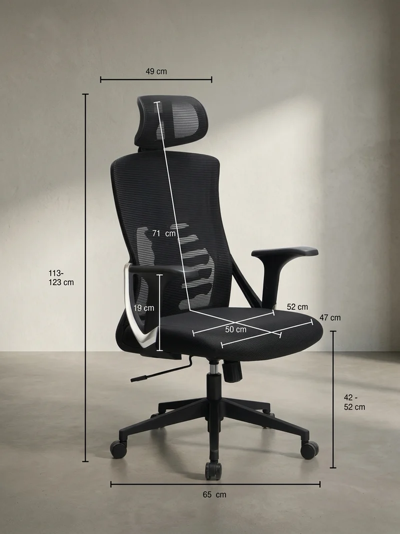 Bürodrehstuhl Schwarz Mesh mit Wippmechanik, Kopfstütze und 4-fach Lordosenstütze