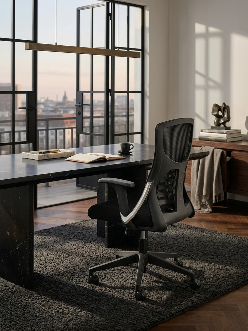 Bürodrehstuhl Schwarz Mesh mit Wippmechanik, 4-fach Lordosenstütze und Höhenverstellung