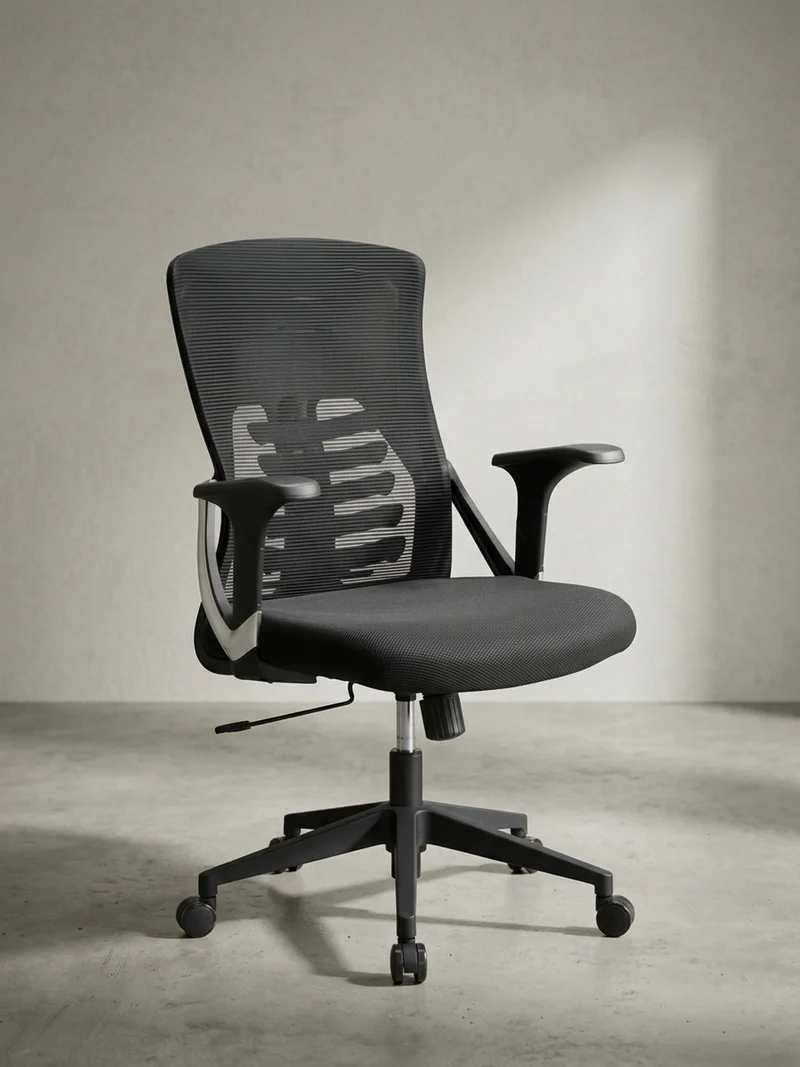 Bürodrehstuhl Schwarz Mesh mit Wippmechanik, 4-fach Lordosenstütze und Höhenverstellung