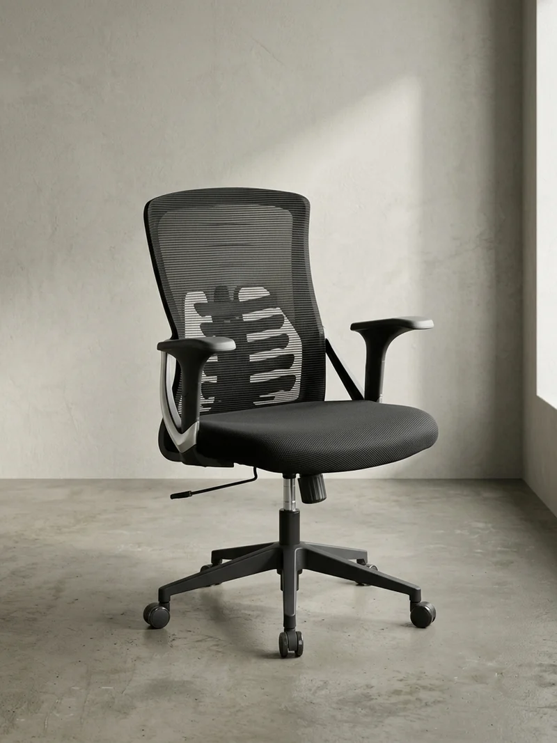 Bürodrehstuhl Schwarz Mesh mit Wippmechanik, 4-fach Lordosenstütze und Höhenverstellung