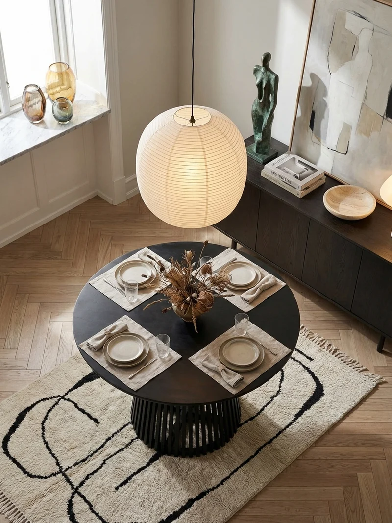 Esstisch – Rund Mango Massivholz Lamellengestell Matt-Schwarz handgefertigt